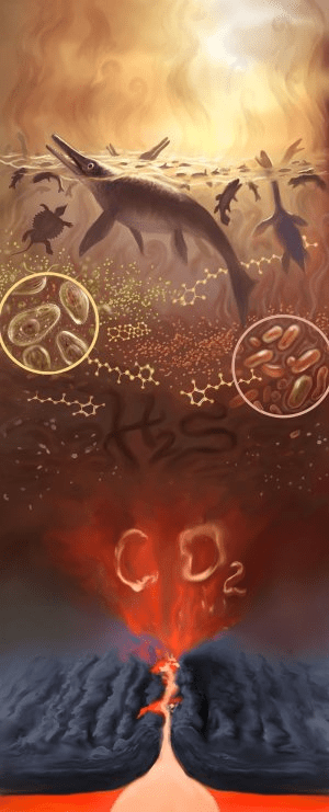 온실효과가 폭주해 기후가 변하고 바다가 따뜻해져 정체되자 트라이아스기의 생물들은 질식하는 것으로 종말을 맞이하게 된다. Credit: Victor Leshyk