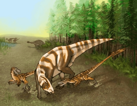 사우로르니톨레스테스 술리바니 (Saurornitholestes sullivani) 두 마리가 거의 다 자란 하드로사우루스류 파라사우롤로푸스 투비켄 (Parasaurolophus tubicen) 을 공격하고 있다. Credit: Illustration by Mary P. Wiliams